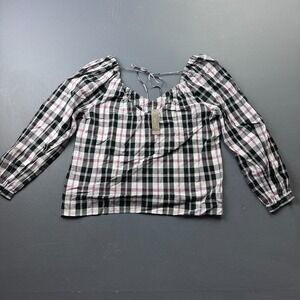 J.Crew Blouse Women's Small Black White Pink Plaid Checkered Boho Peasant NWT